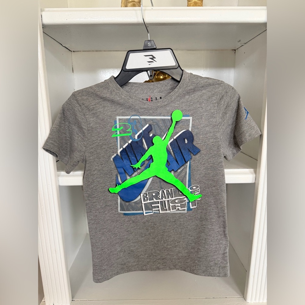 Jordan Kids Gray Tee with Blue and Neon Green Design